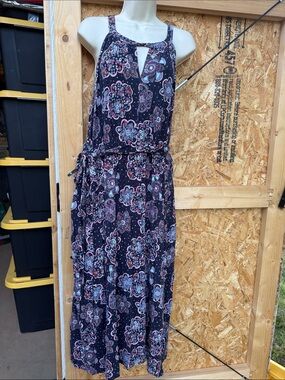 Floral Print Black Maxi Dress with Tie Waist